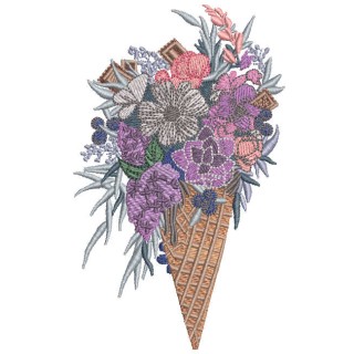 Waffle cone with bouquet of beautiful flowers embroidery design - Embroidery Design