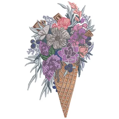 Embroidery design featuring a waffle cone filled with a bouquet of vibrant flowers, ideal for creative stitching projects.