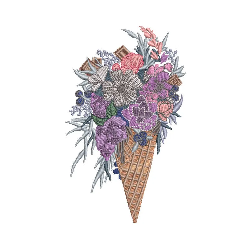 Embroidery design featuring a waffle cone filled with a bouquet of vibrant flowers, ideal for creative stitching projects.