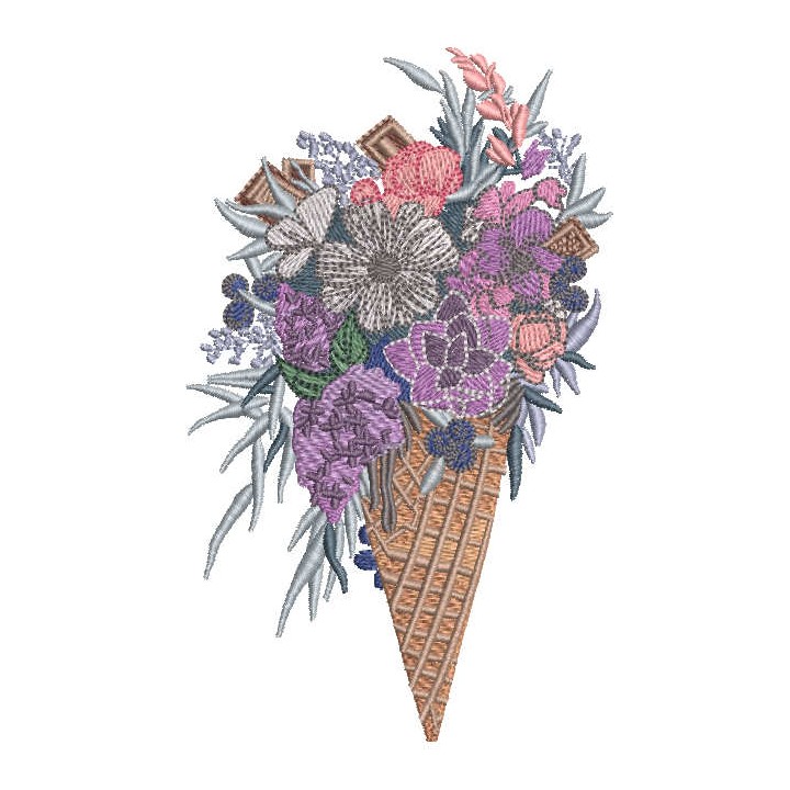Waffle cone with bouquet of beautiful flowers embroidery design - Embroidery Design