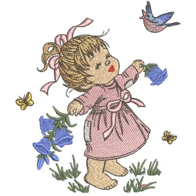 Embroidery design of a girl enjoying summer, ideal for baby apparel like onesies and blankets.