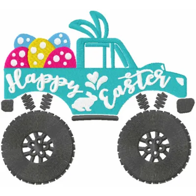 Happy Easter jeep embroidery design featuring a festive jeep adorned with Easter elements, perfect for stitching on t-shirts…