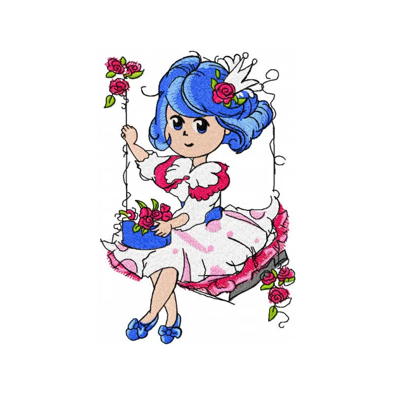 Malvina swing in garden embroidery design showcasing a whimsical scene suitable for girls and women.