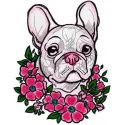 Embroidery design featuring a French Bulldog surrounded by a floral wreath, ideal for stitching on various items.