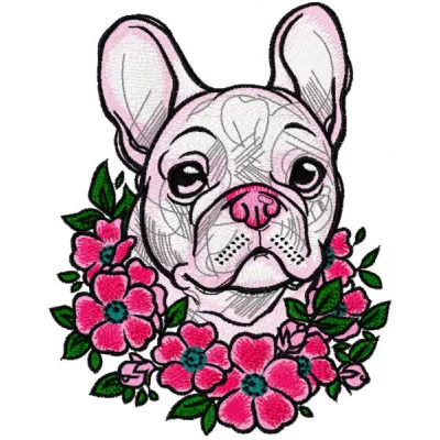 Embroidery design featuring a French Bulldog surrounded by a floral wreath, ideal for stitching on various items.