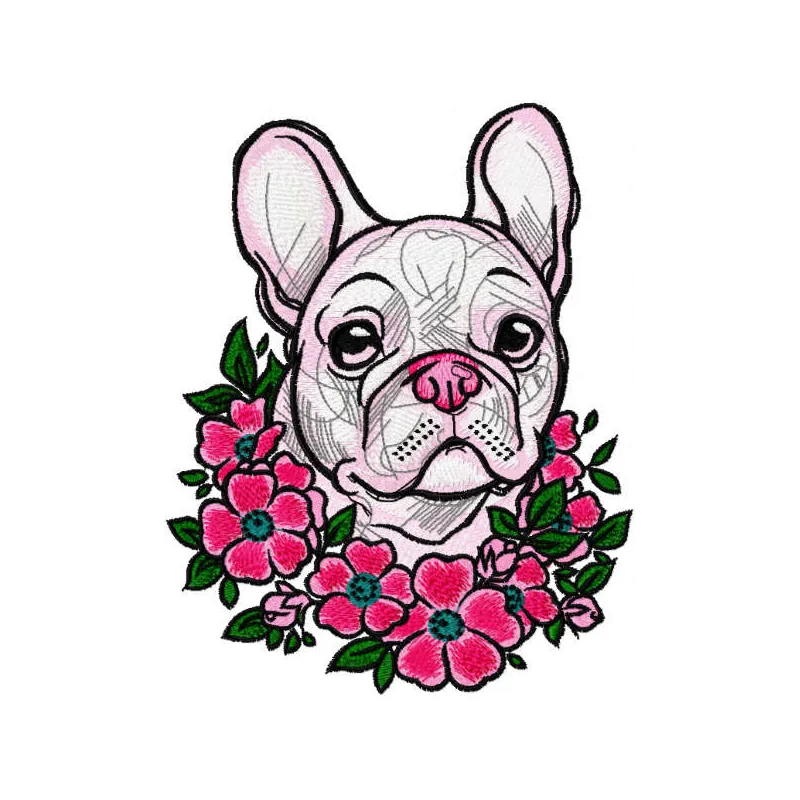 Embroidery design featuring a French Bulldog surrounded by a floral wreath, ideal for stitching on various items.