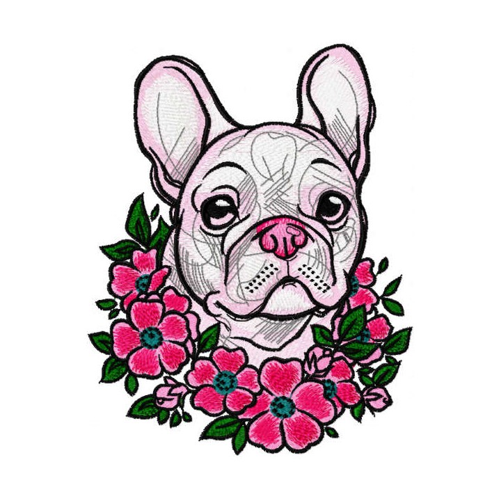 French Bulldog in a wreath flowers embroidery design - Embroidery Design