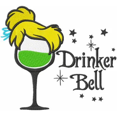 Drinker Bell embroidery design showcasing a whimsical fairy motif, perfect for adding charm to apparel and decor.