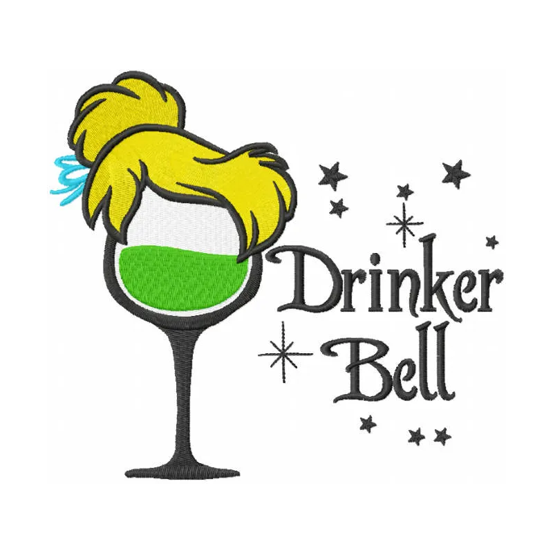 Drinker Bell embroidery design showcasing a whimsical fairy motif, perfect for adding charm to apparel and decor.