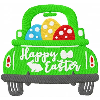 Happy Easter car embroidery design featuring colorful Easter elements, perfect for stitching on t-shirts or tote bags.