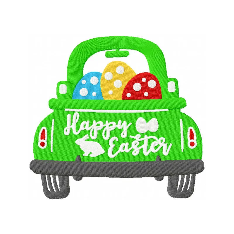 Happy Easter car embroidery design featuring colorful Easter elements, perfect for stitching on t-shirts or tote bags.