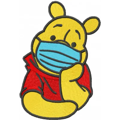 Winnie Pooh wearing a mask embroidery design, showcasing playful characters for creative stitching projects.