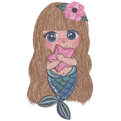 Preview of a mermaid with sea star embroidery design, showcasing intricate details for creative stitching projects.