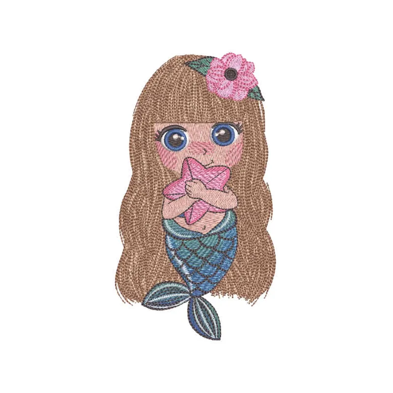Preview of a mermaid with sea star embroidery design, showcasing intricate details for creative stitching projects.