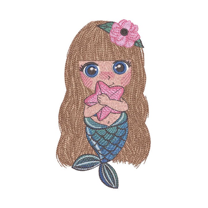 Mermaid with sea star embroidery design - Embroidery Design