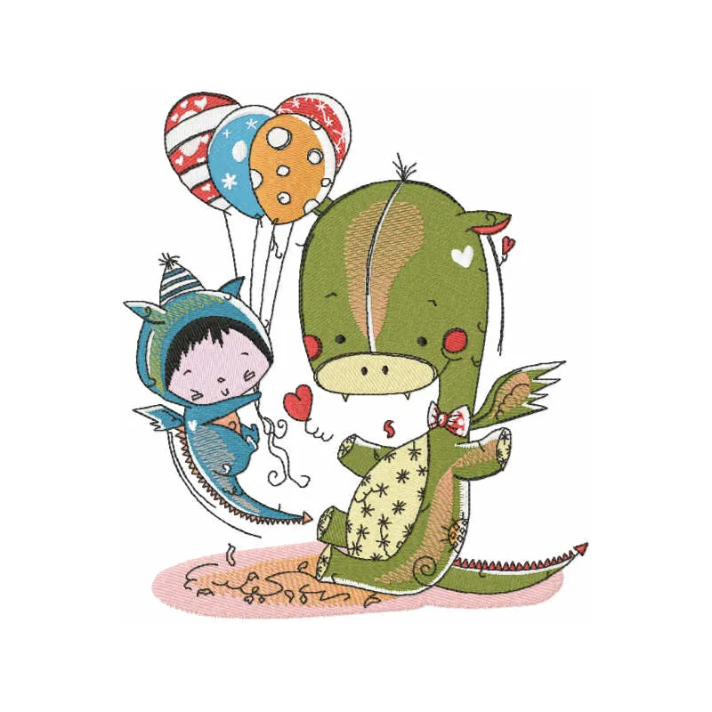 Embroidery design featuring a dragon and a flying baby, ideal for baby garments and accessories.