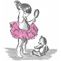 Embroidery design of a young ballerina gazing into a mirror, ideal for dance-themed projects.