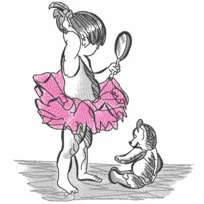 Embroidery design of a young ballerina gazing into a mirror, ideal for dance-themed projects.