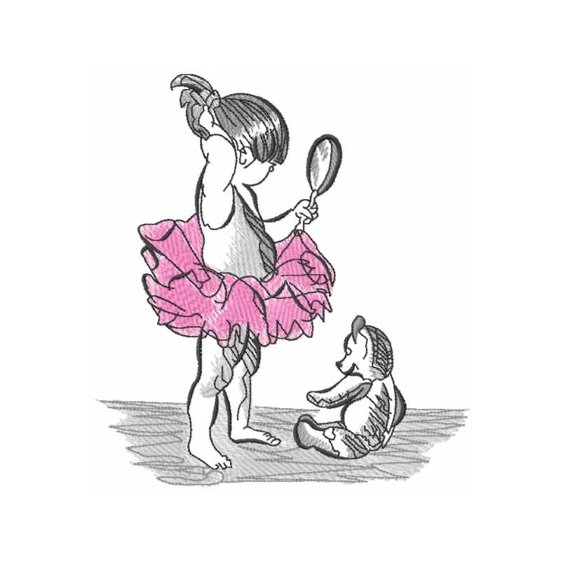 Embroidery design of a young ballerina gazing into a mirror, ideal for dance-themed projects.