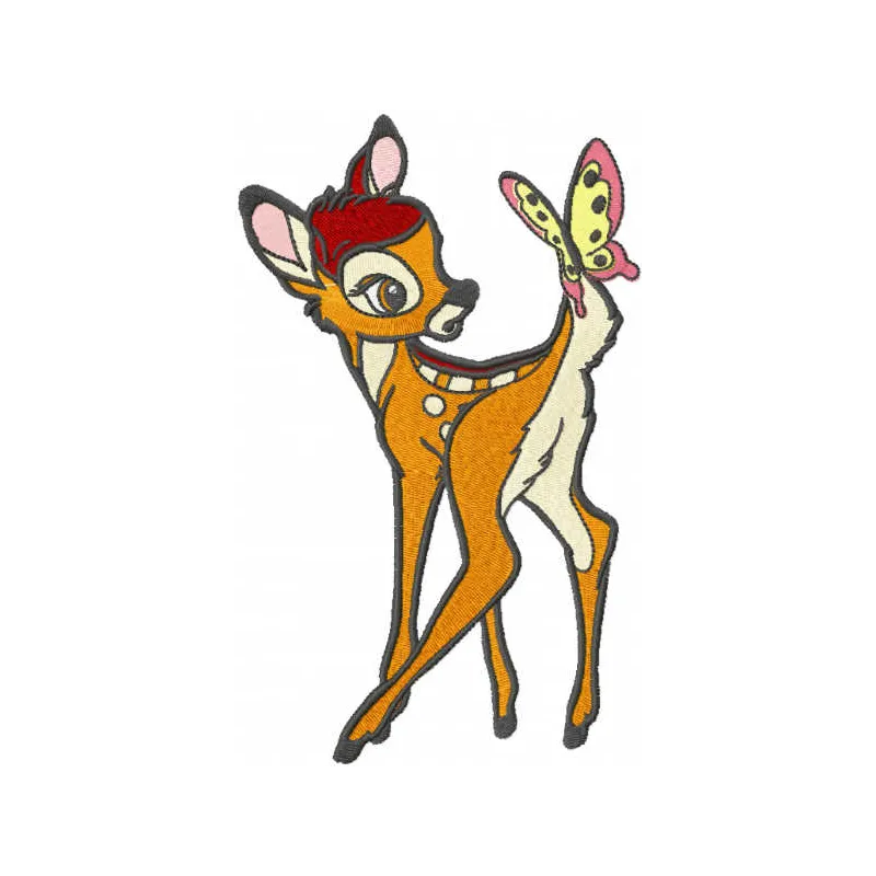 Bambi loving butterfly embroidery design featuring a charming deer and butterfly motif, perfect for baby onesies or pillows.