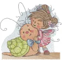 Preview of a fairy meeting a snail embroidery design, ideal for baby garments and nursery decor.