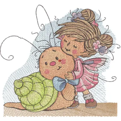 Preview of a fairy meeting a snail embroidery design, ideal for baby garments and nursery decor.