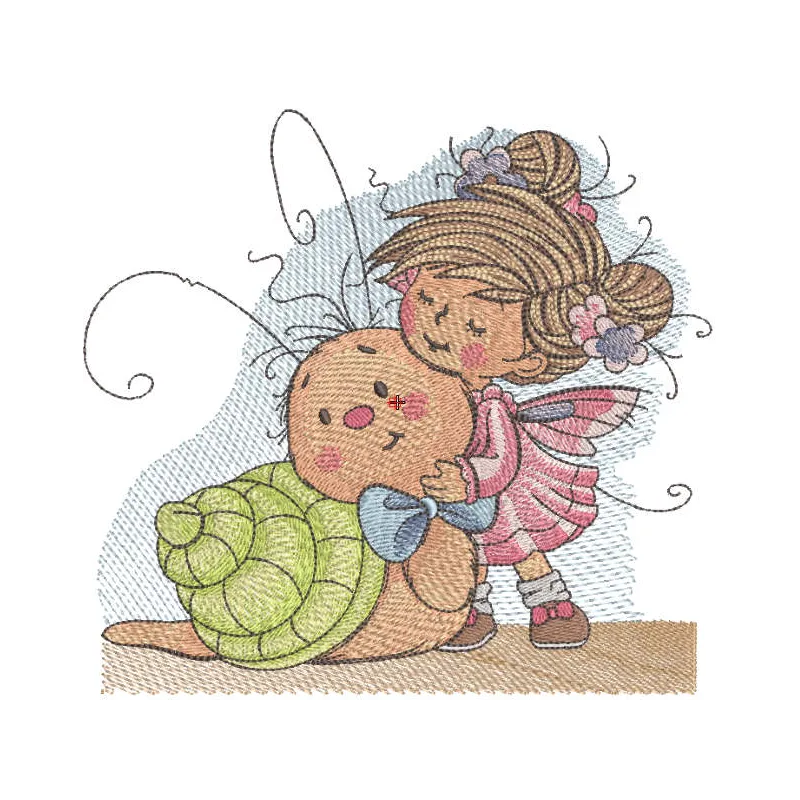 Preview of a fairy meeting a snail embroidery design, ideal for baby garments and nursery decor.
