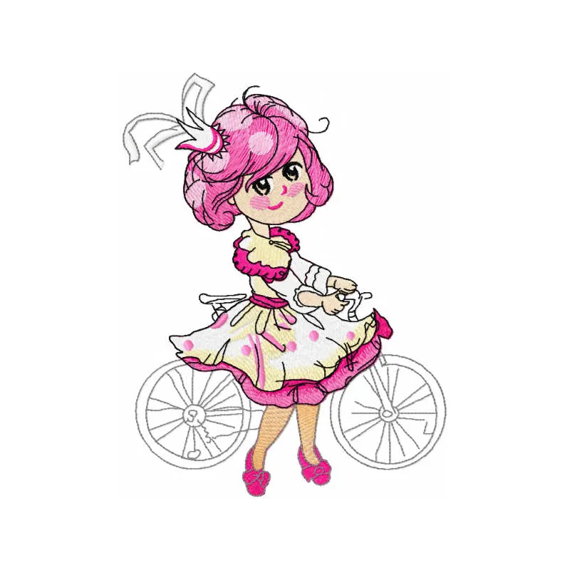 Malvina princess embroidery design featuring a charming princess riding a bike, ideal for various projects.