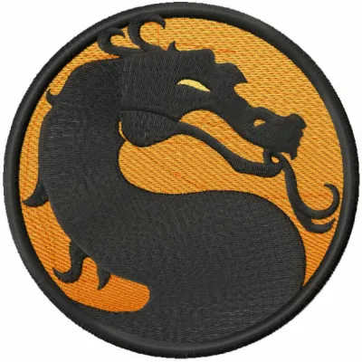 Mortal Kombat logo embroidery design showcasing a striking stitched motif for gaming enthusiasts.