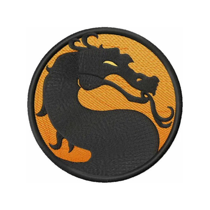 Mortal Kombat logo embroidery design showcasing a striking stitched motif for gaming enthusiasts.