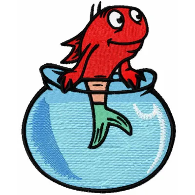 Colorful fish in an aquarium embroidery design inspired by Dr. Seuss, featuring whimsical underwater elements.