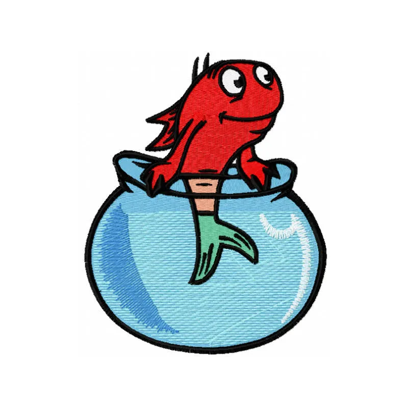 Colorful fish in an aquarium embroidery design inspired by Dr. Seuss, featuring whimsical underwater elements.