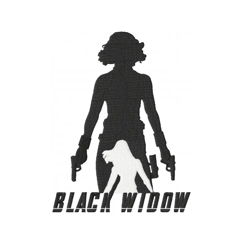 Black widow with guns embroidery design featuring a striking spider motif, perfect for creative stitching projects.