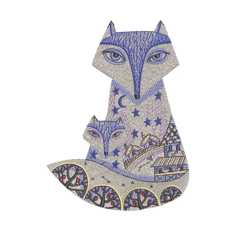 Winter patterned fox family embroidery design featuring adorable foxes, perfect for cozy projects like hoodies and blankets.