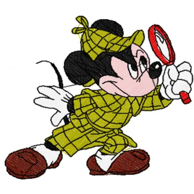 Mickey Sherlock embroidery design showcasing a whimsical cartoon character, perfect for fun stitching projects.