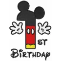 First birthday Mickey embroidery design featuring a playful number motif, ideal for baby onesies and celebration themes.