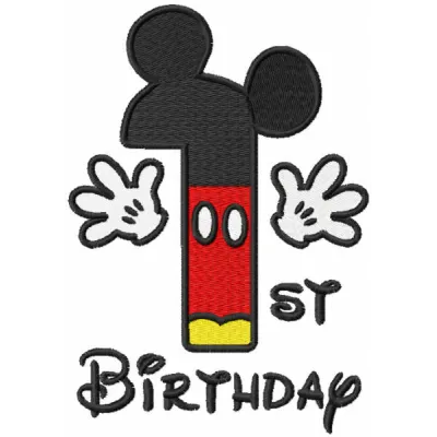 First birthday Mickey embroidery design featuring a playful number motif, ideal for baby onesies and celebration themes.