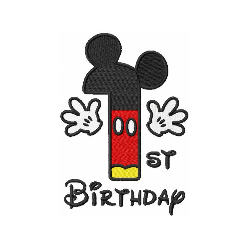First birthday Mickey embroidery design featuring a playful number motif, ideal for baby onesies and celebration themes.