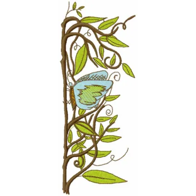 Delicate branch with butterfly embroidery design, showcasing intricate stitching for spring-themed projects.