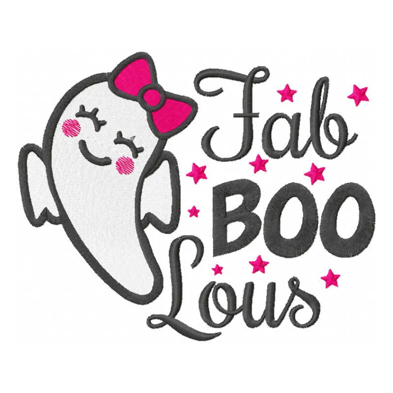 Preview of Fab Boo Lous embroidery design, a playful Halloween motif for stitching on t-shirts or tote bags.