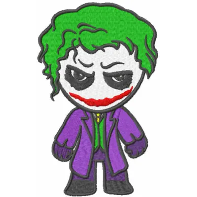 Chibi joker embroidery design preview showcasing a playful and colorful stitched motif for fun projects.