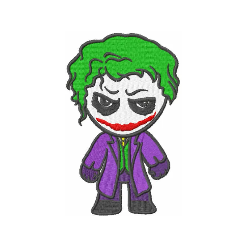 Chibi joker embroidery design preview showcasing a playful and colorful stitched motif for fun projects.