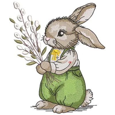 Easter Bunny with Willow Branches embroidery design showcasing a charming bunny surrounded by delicate branches.