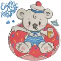 Embroidery design featuring a teddy bear relaxing in a pool, perfect for adding charm to various stitched projects.