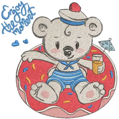 Embroidery design featuring a teddy bear relaxing in a pool, perfect for adding charm to various stitched projects.