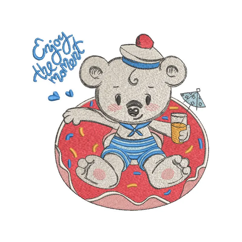 Embroidery design featuring a teddy bear relaxing in a pool, perfect for adding charm to various stitched projects.