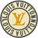 Louis Vuitton round logo embroidery design preview showcasing intricate stitching patterns for fashion apparel.