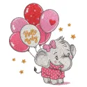Embroidery design of a baby elephant holding colorful balloons, ideal for stitching on baby onesies or blankets.
