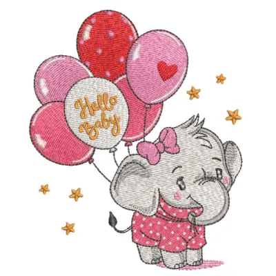 Embroidery design of a baby elephant holding colorful balloons, ideal for stitching on baby onesies or blankets.