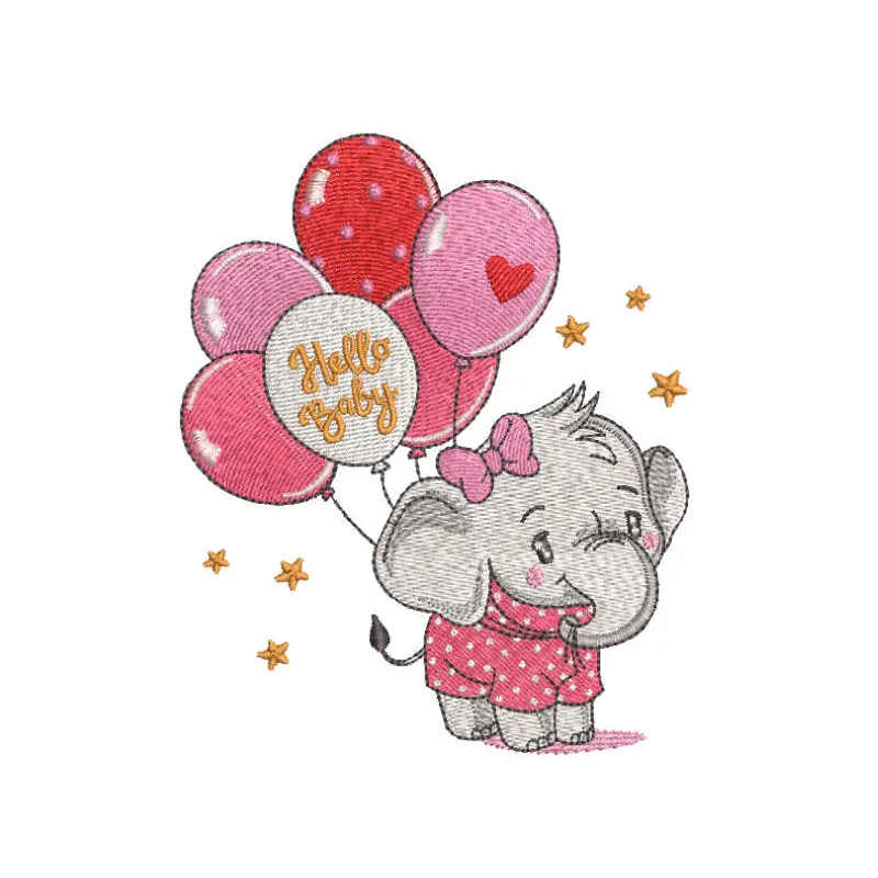 Embroidery design of a baby elephant holding colorful balloons, ideal for stitching on baby onesies or blankets.